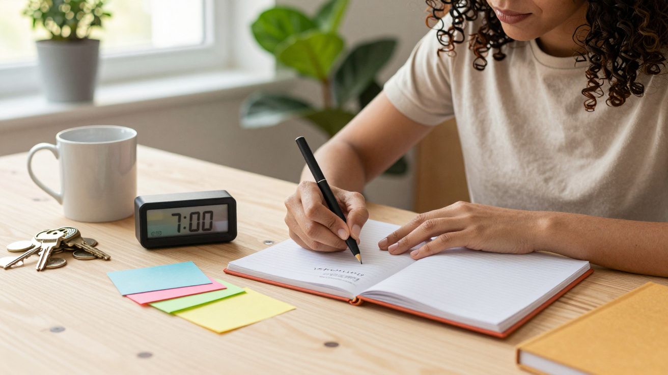 Mulher escreve em caderno numa mesa com despertador, chávena, e notas coloridas, às 7h00.