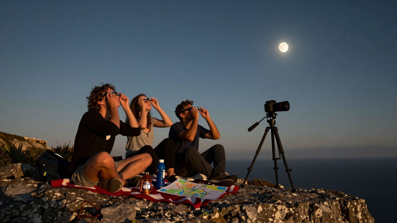 Três pessoas sentadas num rochedo, observando a lua com binóculos ao anoitecer.