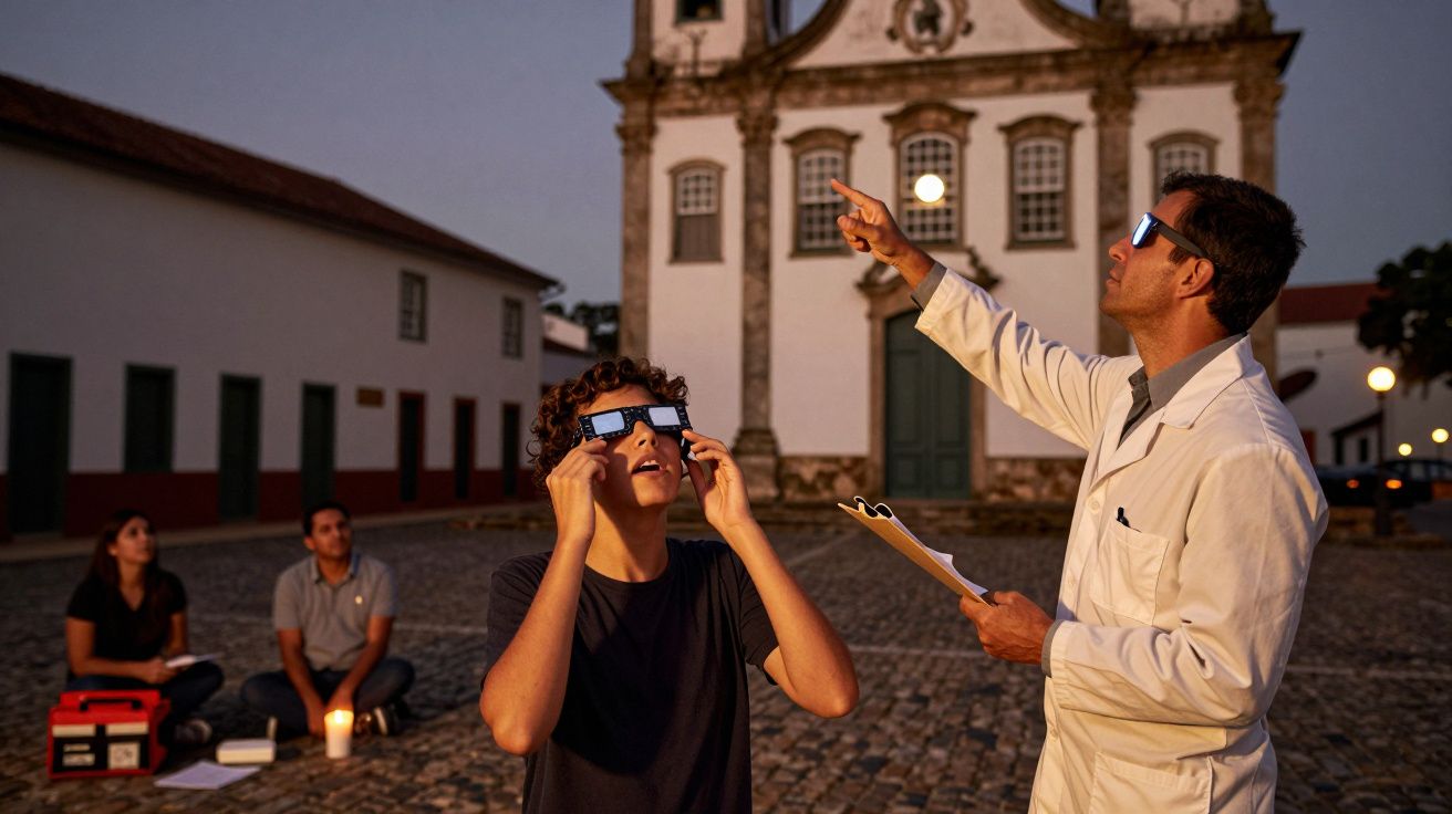 Homens observam o céu com óculos de proteção, em frente a uma igreja durante o entardecer.