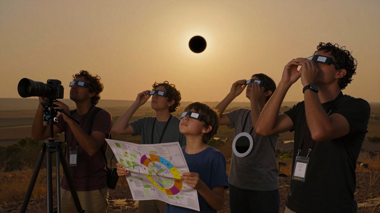 Grupo observa eclipse solar com óculos especiais. Um segura um mapa; outro, uma câmara fotográfica num tripé.