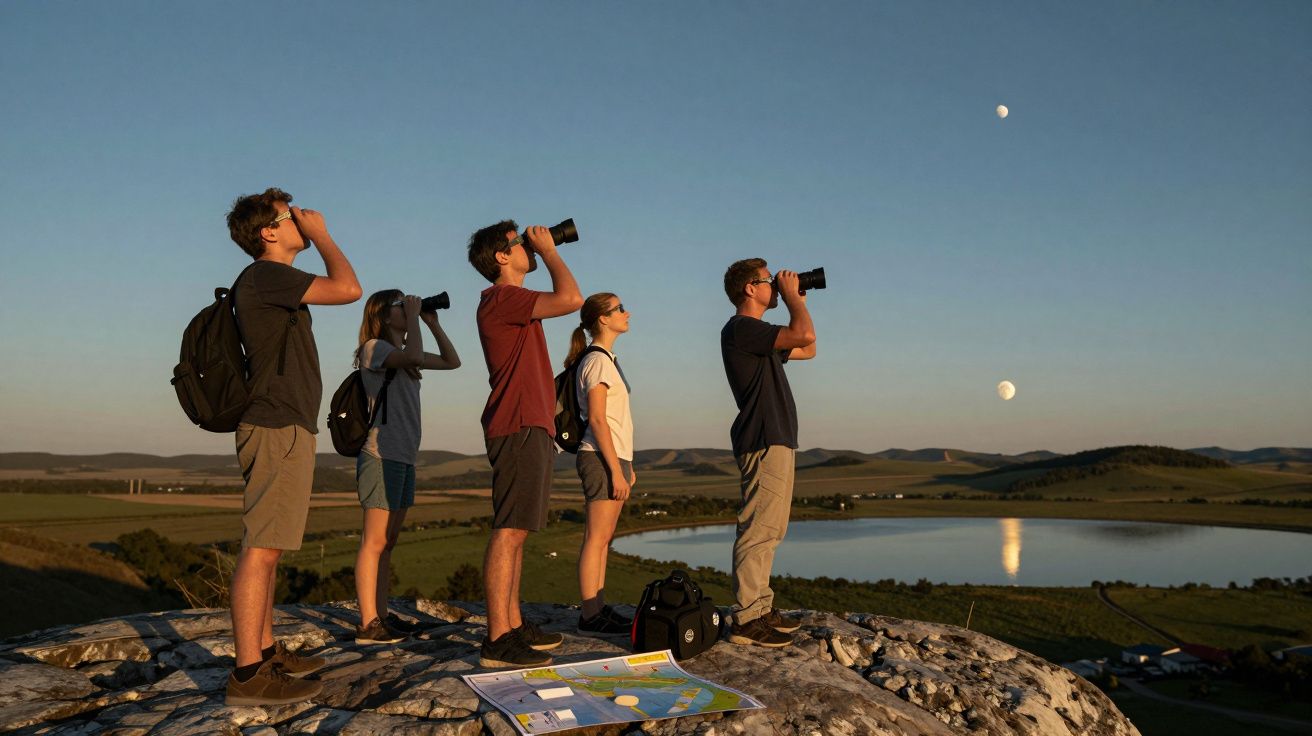 Cinco pessoas em pé num monte, observando o céu com binóculos durante o pôr do sol, mapas no chão.