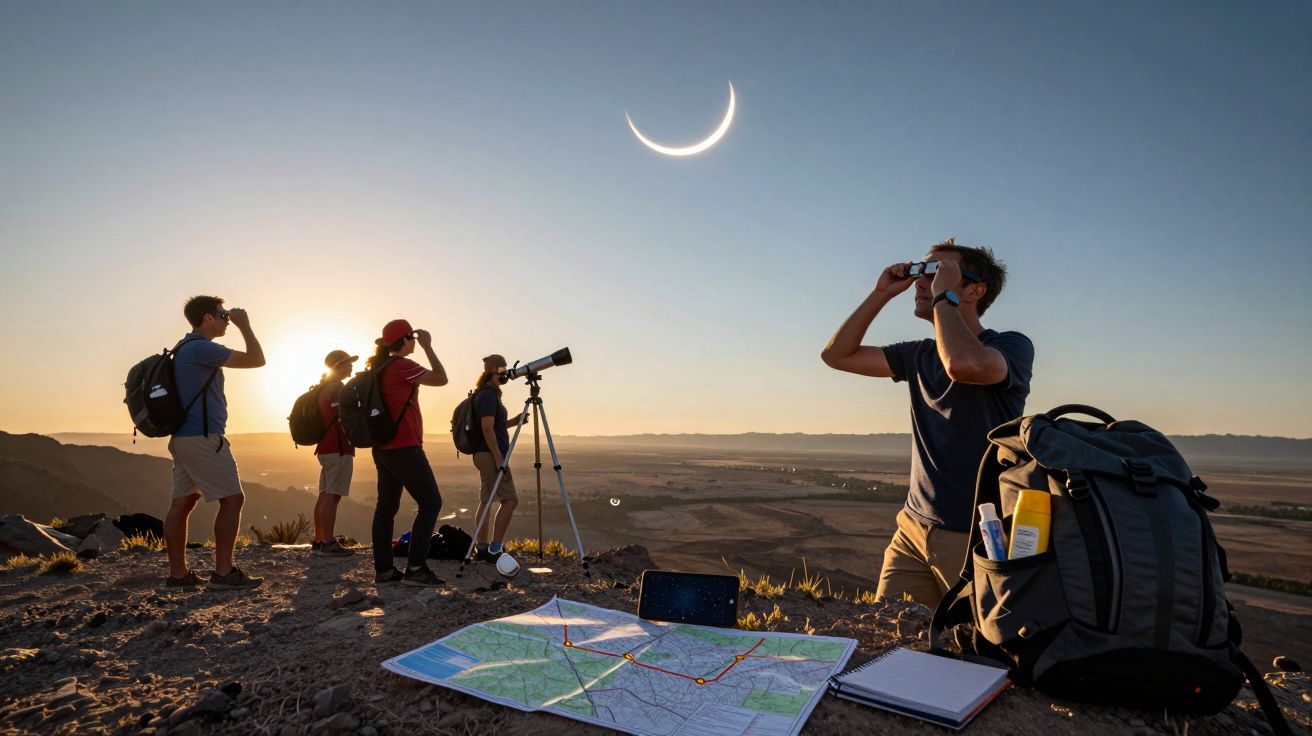 Grupo observa eclipse solar com telescópio e binóculos numa colina ao pôr do sol. Mapa e mochila no solo.