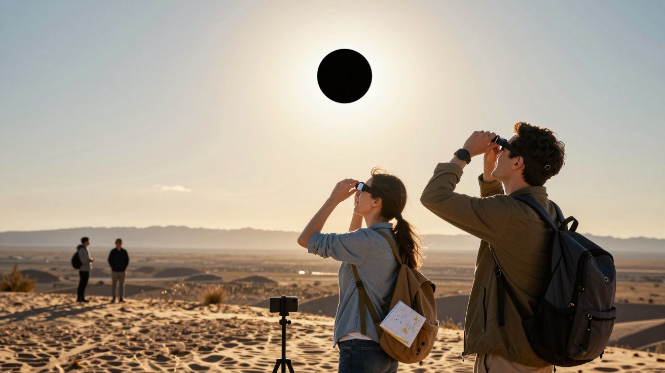 Pessoas observam eclipse solar no deserto, usando óculos especiais. Câmera e mapa ao lado, céu claro.