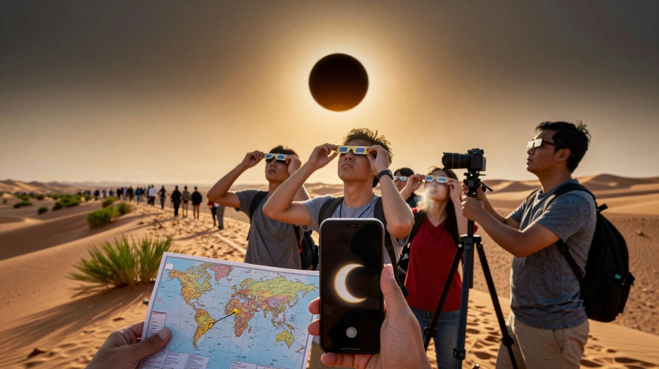 Pessoas num deserto observam um eclipse solar através de óculos especiais, enquanto seguram mapa e telemóvel.
