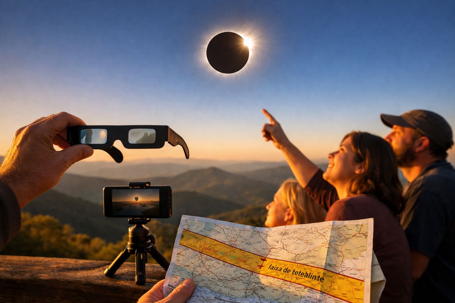 Pessoas observam um eclipse solar num campo, usando óculos de proteção. No primeiro plano, mapa e câmara ao fundo.