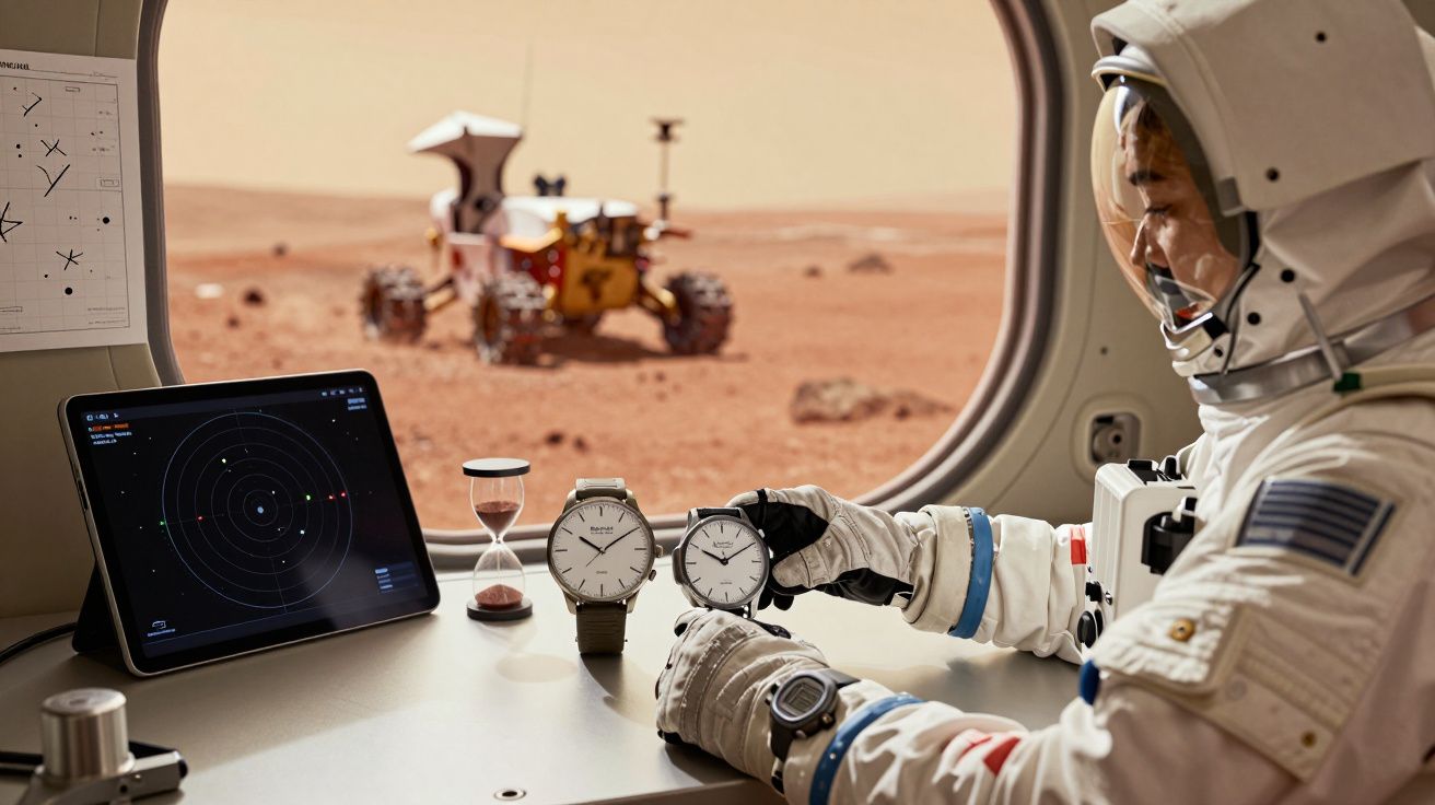 Astronauta examina relógios numa estação em Marte, tablet com mapa estelar e rover visível pela janela.