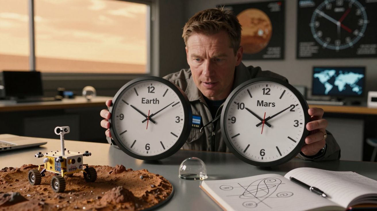Homem segura dois relógios marcados como Terra e Marte, com maquete de robô num terreno marciano em primeiro plano.