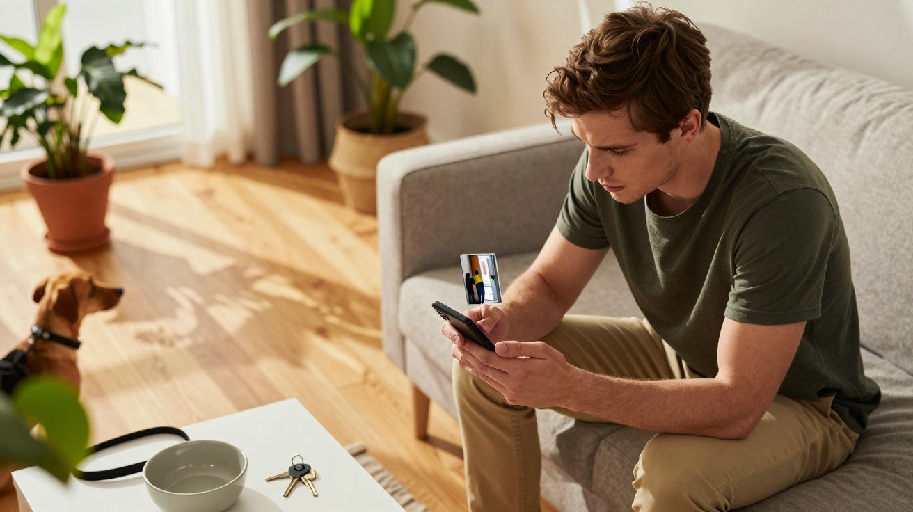 Homem sentado no sofá usando smartphone, com cão no chão e plantas ao fundo. Mesa com chaves e tigela à frente.