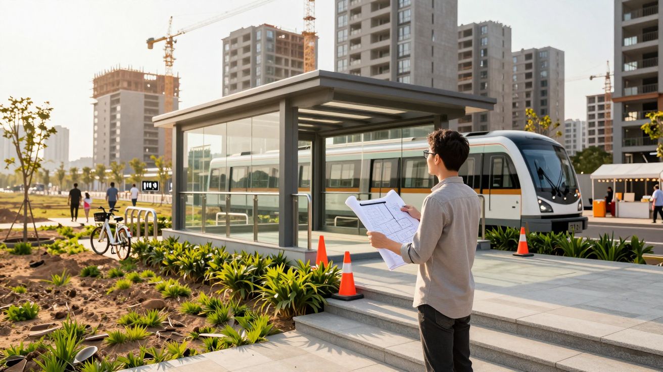 Homem analisa planos em frente a uma estação de tram moderno, com edifícios em construção ao fundo.