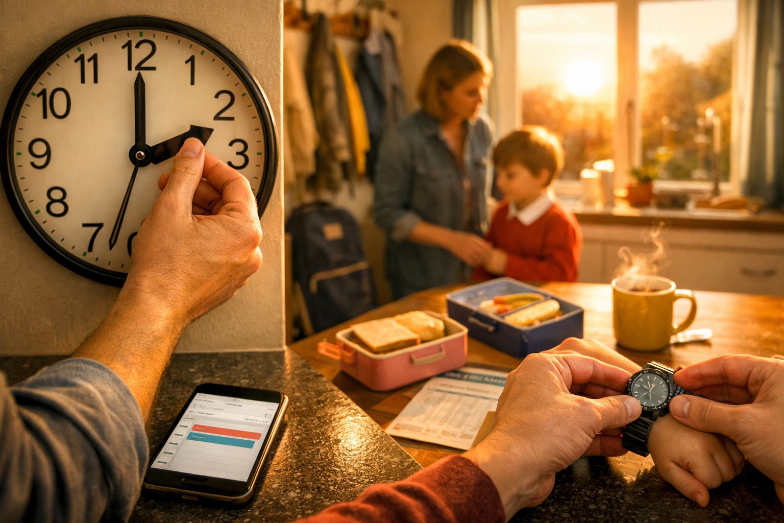 Mulher e criança na cozinha, com chávena a fumegar e relógio a marcar 19:00; calendário mostra março.