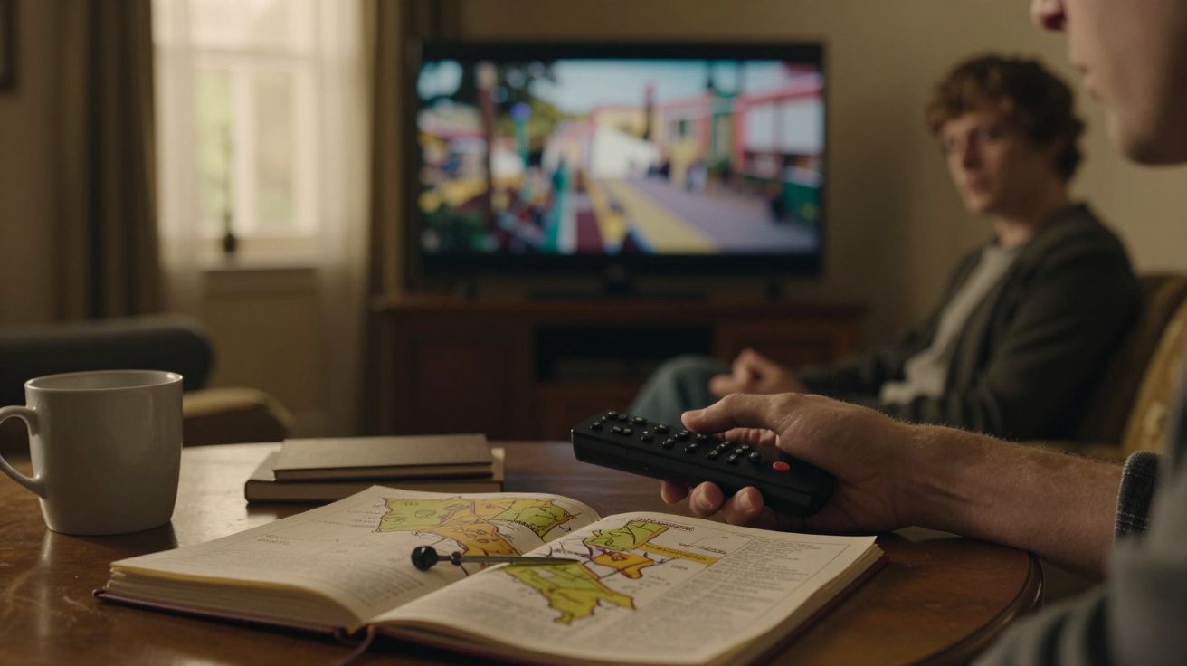 Pessoa com comando remoto, mapa aberto sobre a mesa; televisão ao fundo e outra pessoa desfocada na sala.