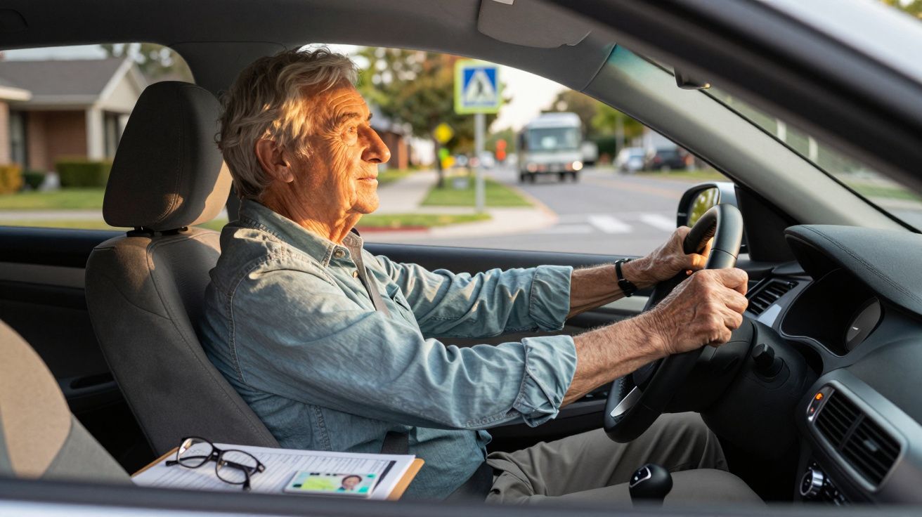 Homem idoso conduz carro numa rua residencial, com um bloco de notas e óculos ao seu lado.