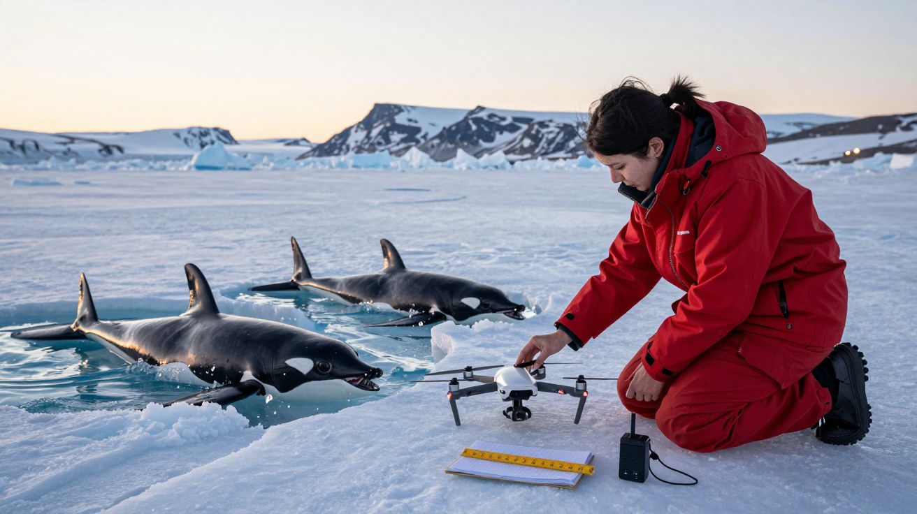 Mulher em fato vermelho opera drone no gelo junto a três orcas na água, com montanhas nevadas no fundo.