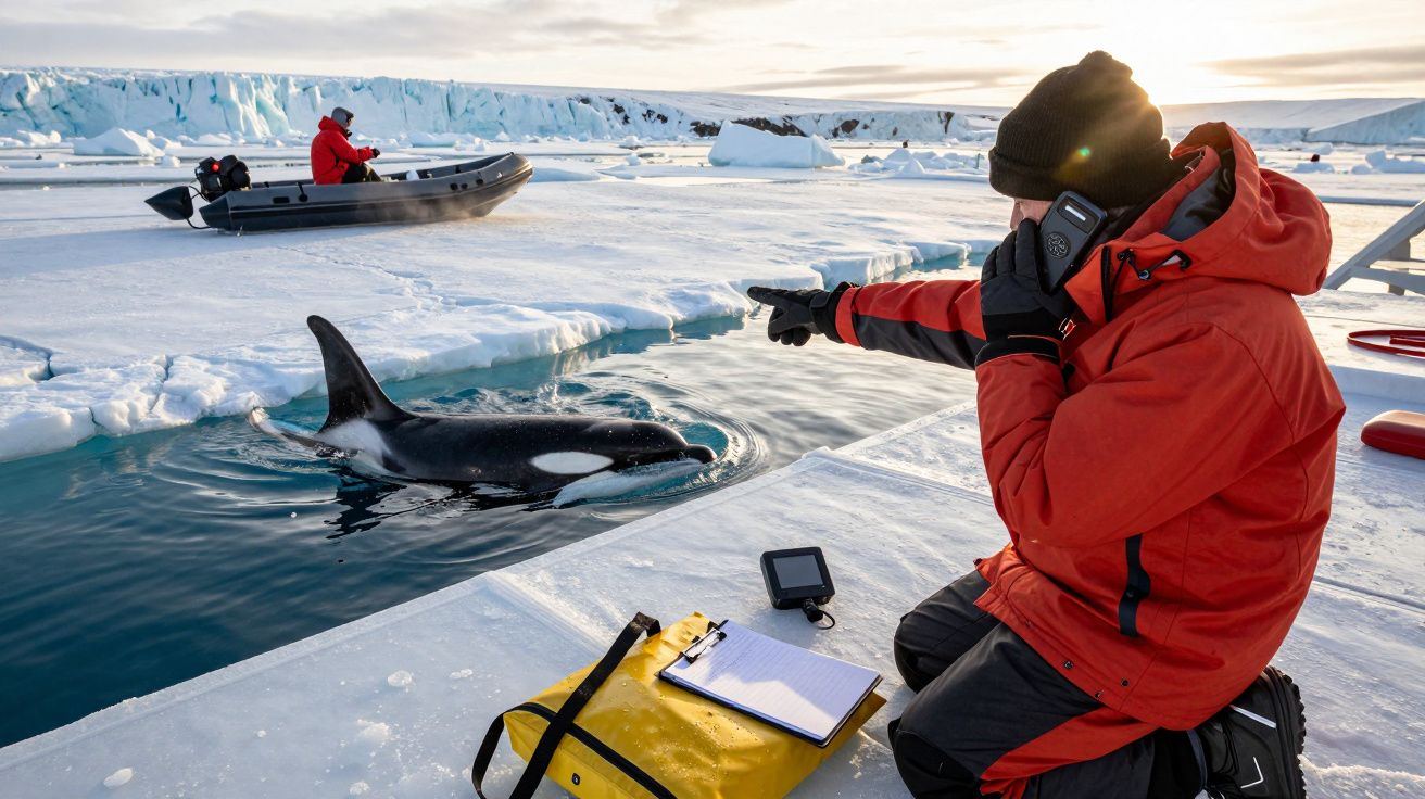 Investigador de casaco laranja aponta para orca em águas geladas, com equipamento científico na neve.
