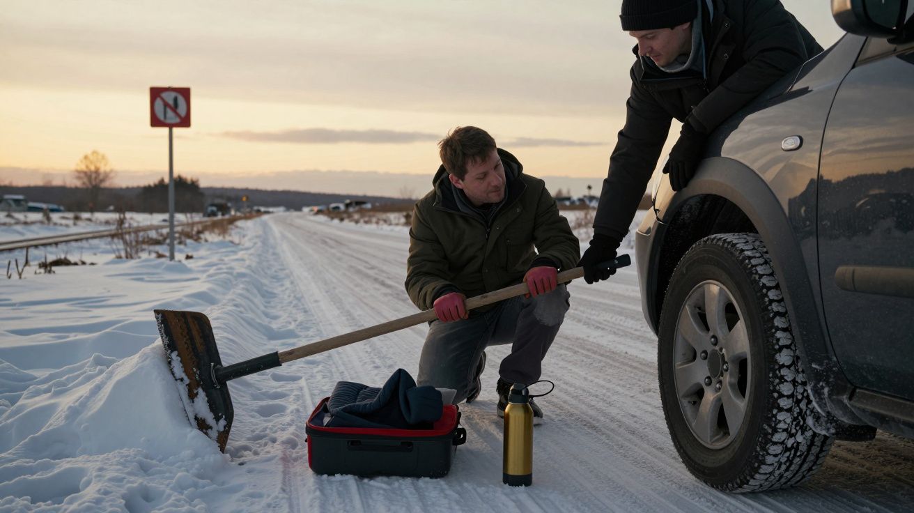 Homens a desenterrar carro da neve numa estrada rural com pá e mala de ferramentas ao crepúsculo.