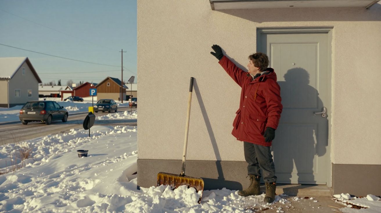 Homem com casaco vermelho aponta para casa, segurando pá de neve, em cenário nevado com carros ao fundo.