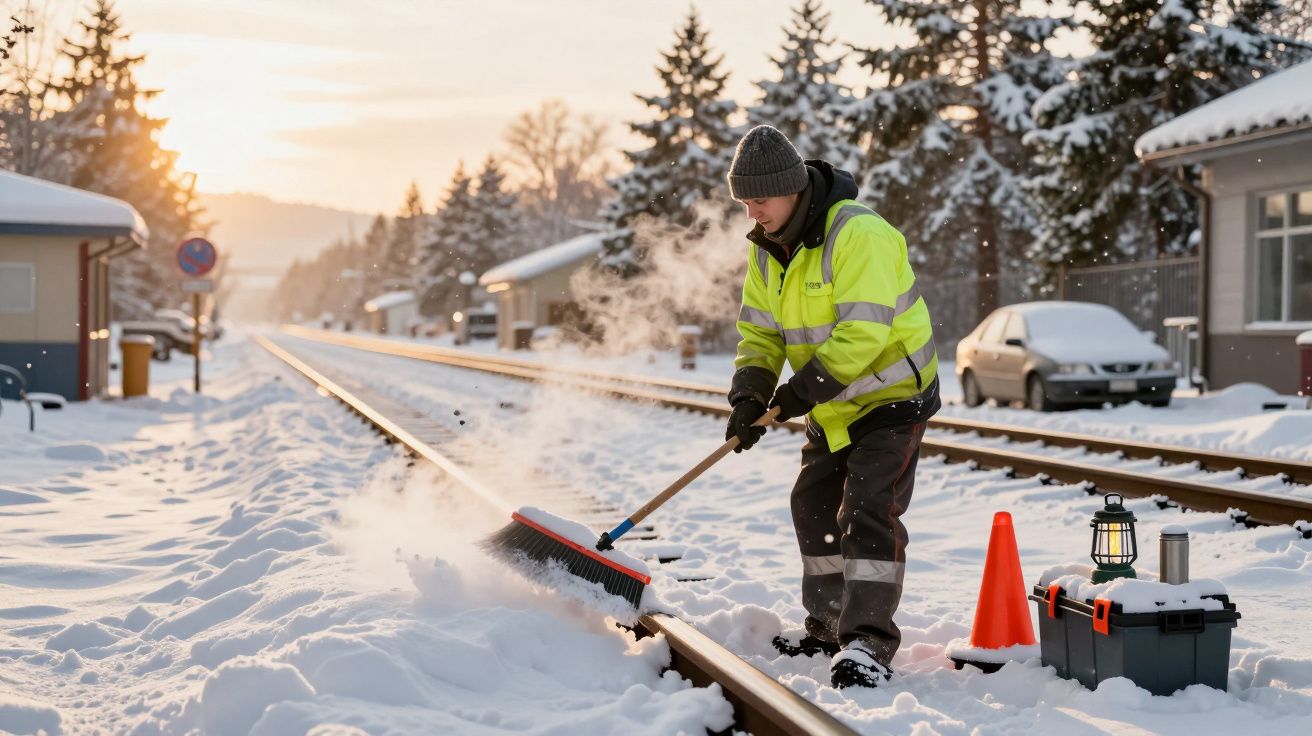 Homem limpa neve nos trilhos de comboio, usando vassoura grande, enquanto veste casaco refletor e gorro.