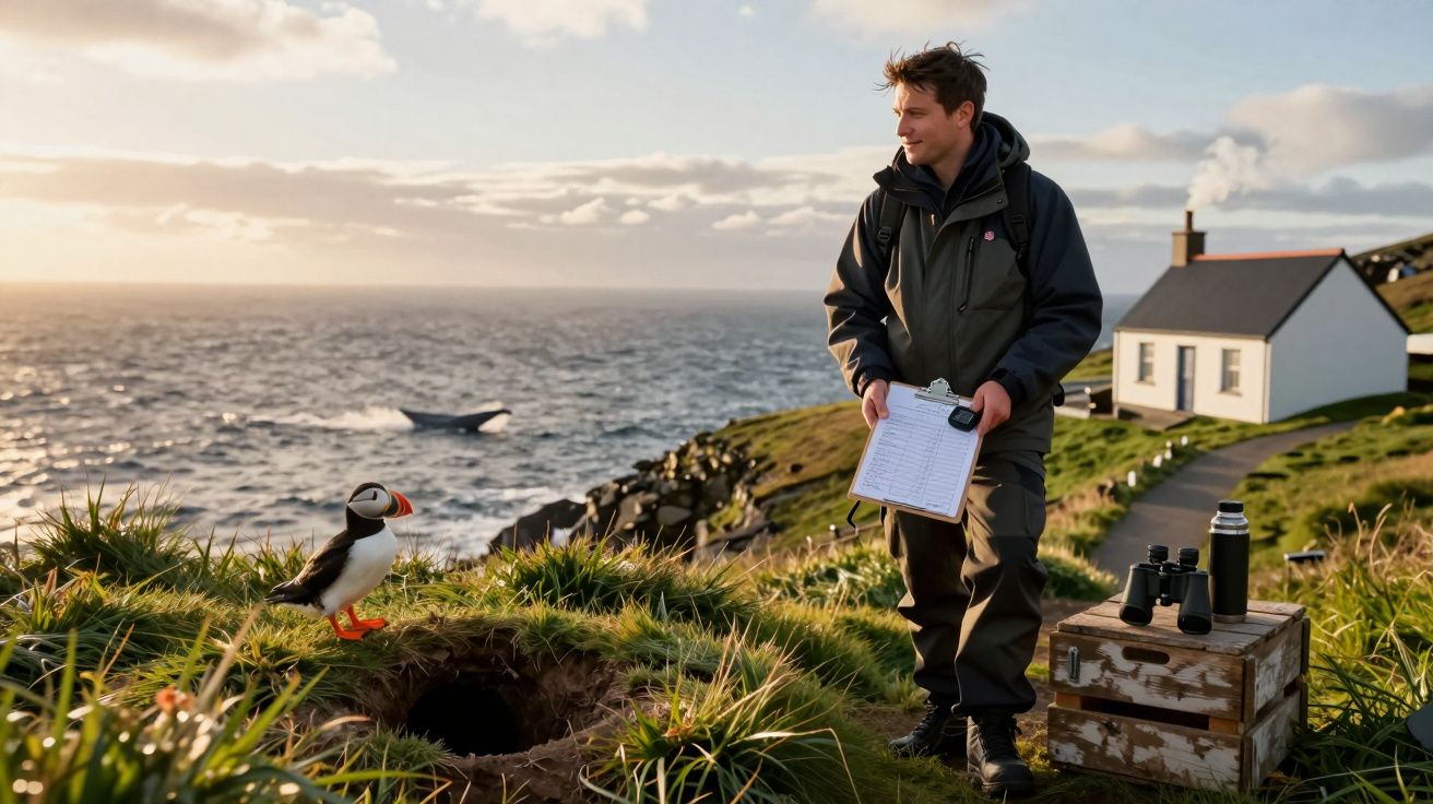 Homem observa frailecão numa penhasco verde perto do mar, com binóculos e uma caixa ao lado, casa ao fundo.
