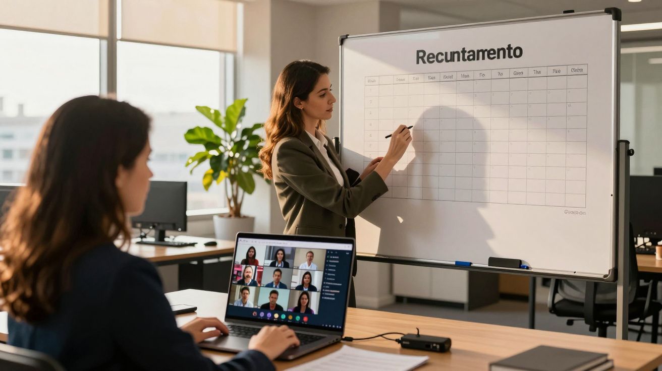 Mulher escreve em quadro de planeamento numa reunião, outra mulher participa via videoconferência num portátil.