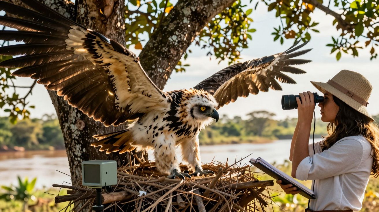 Mulher observa águia em ninho com binóculos, perto de um rio e rodeada de árvores.
