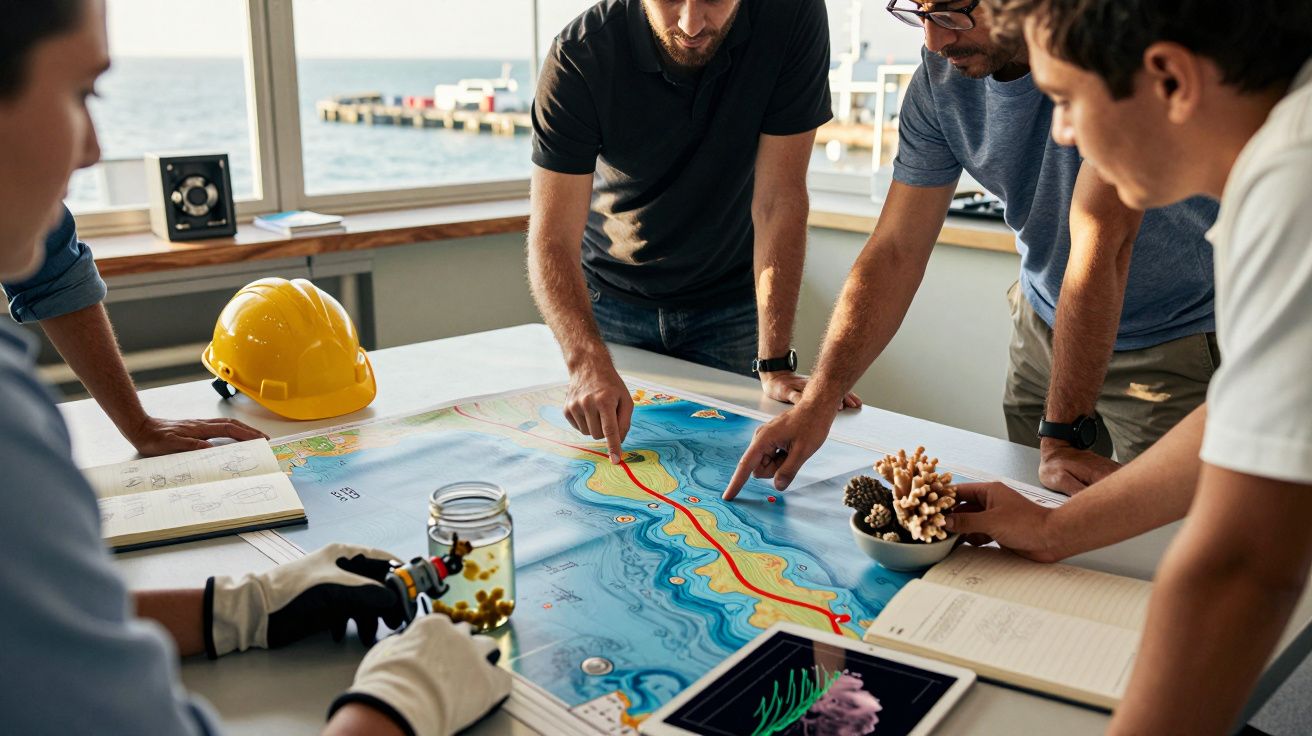 Grupo de pessoas analisa mapa náutico numa mesa, com capacete, tablet e amostra de coral. Visão do mar ao fundo.