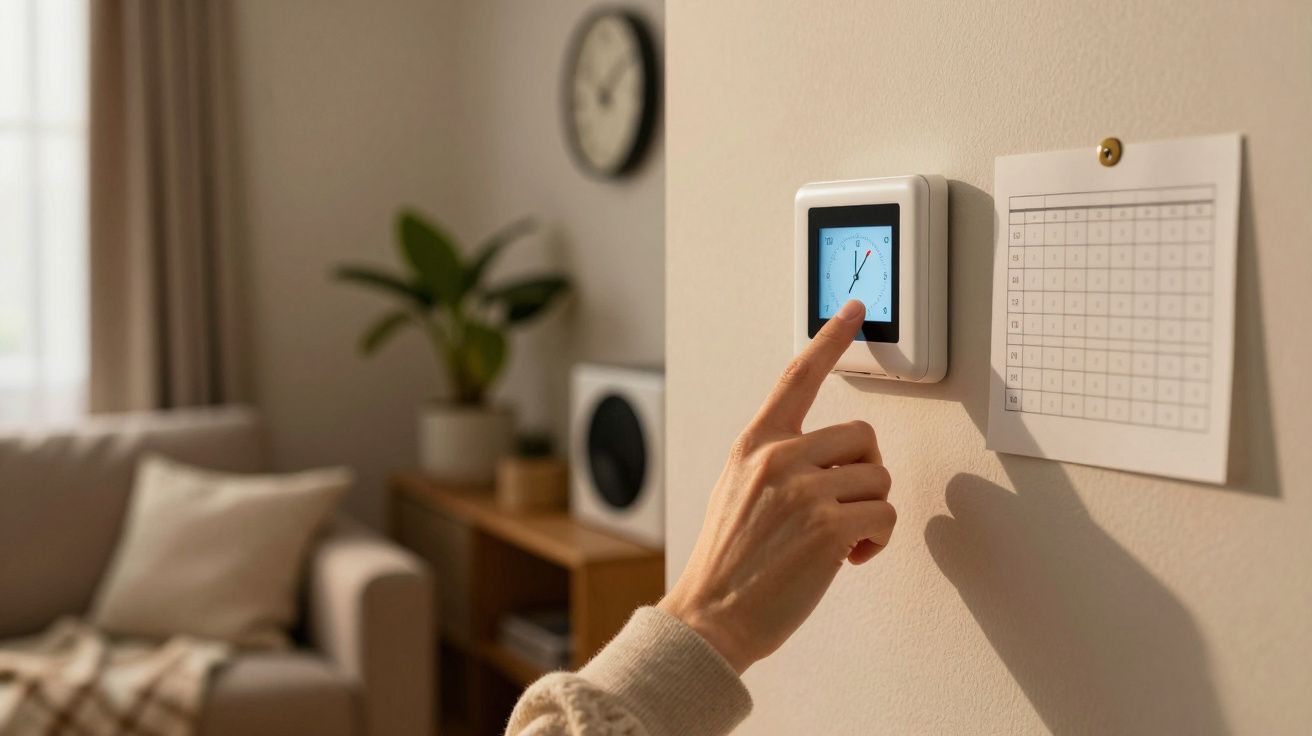 Pessoa ajusta termóstato digital numa parede de sala moderna com planta e relógio ao fundo.