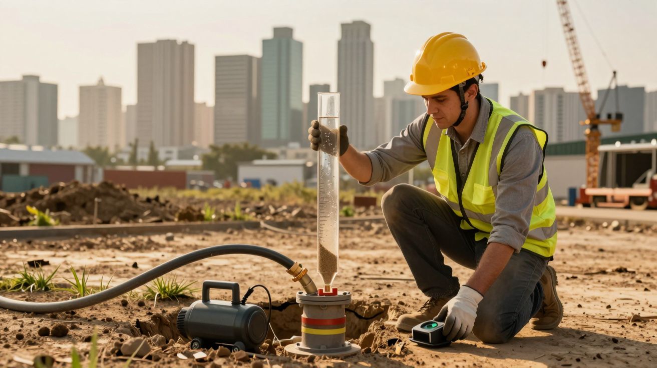 Engenheiro usando equipamento de teste de solo num local de construção com edifícios ao fundo.