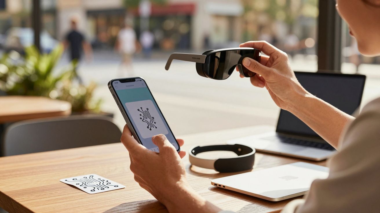 Pessoa segurando óculos inteligentes e telemóvel com um circuito impresso no ecrã, num ambiente de trabalho moderno.