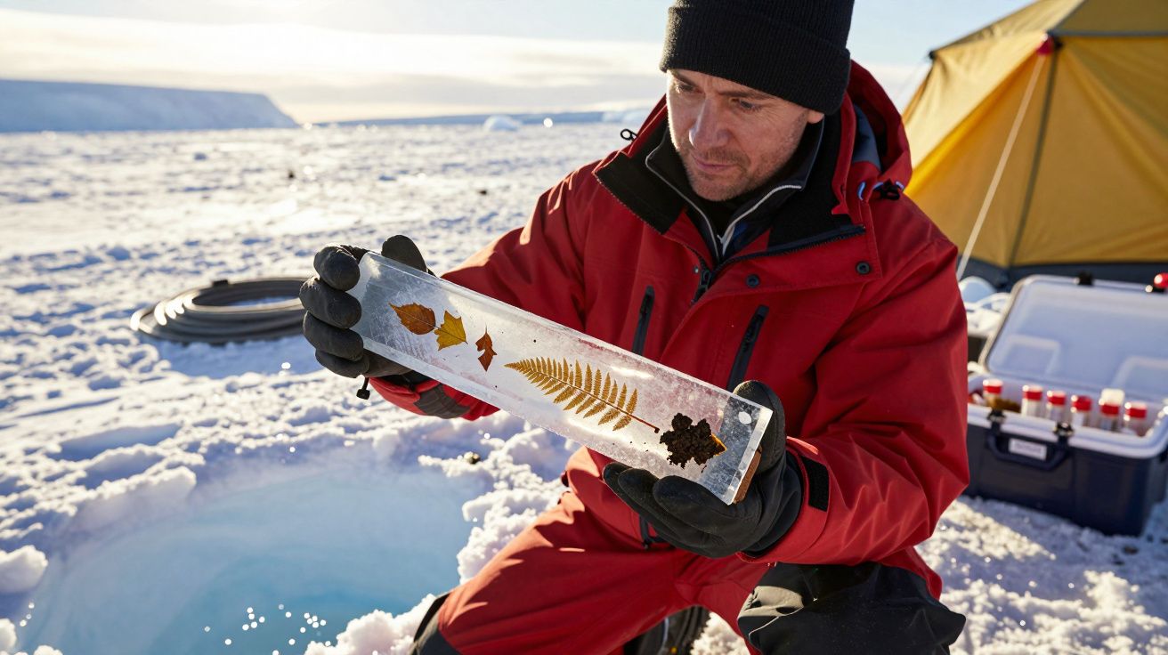 Homem em roupa de frio, segurando bloco de gelo com folhas, no gelo ártico. Tenda e equipamento ao fundo.