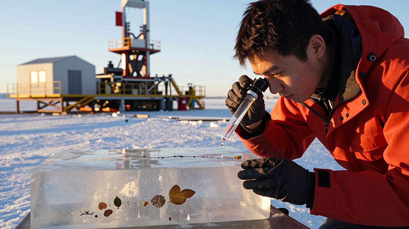 Cientista analisa bloco de gelo com folhas dentro, ao ar livre, com equipamento de perfuração ao fundo.