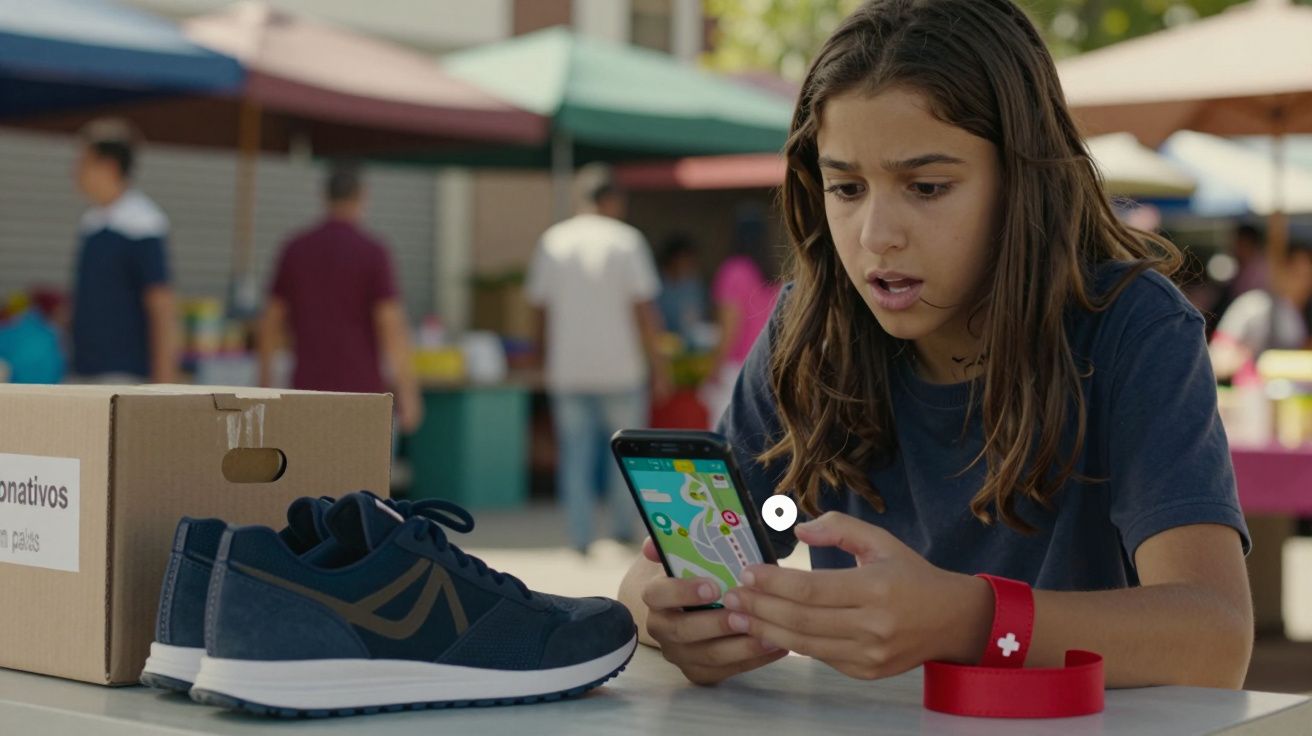 Rapaz com bracelete vermelho observa atentamente o telemóvel numa feira ao lado de uma caixa de sapatos e ténis azul.