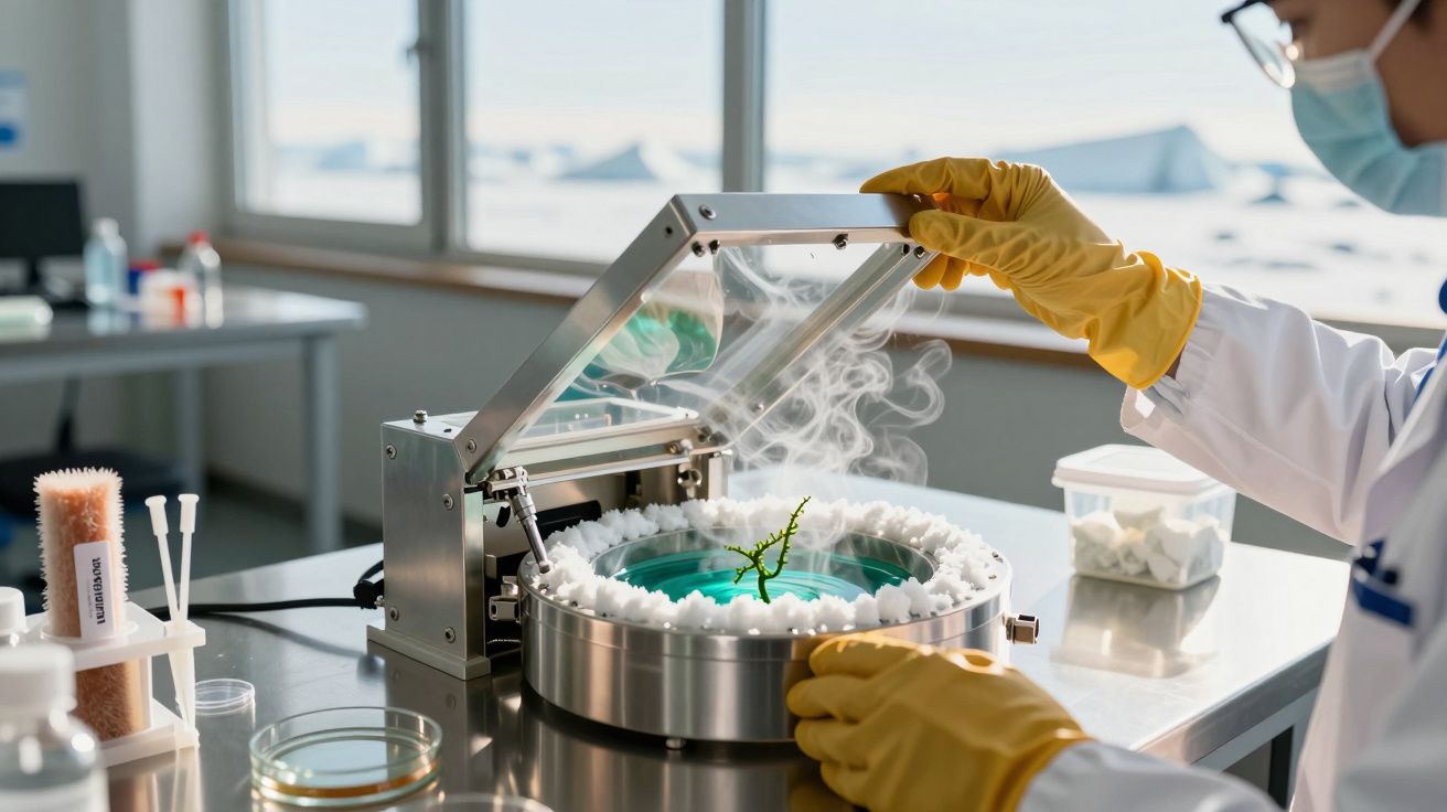 Cientista com luvas e máscara analisa planta em câmara de laboratório com gelo seco, criando efeito de fumo.