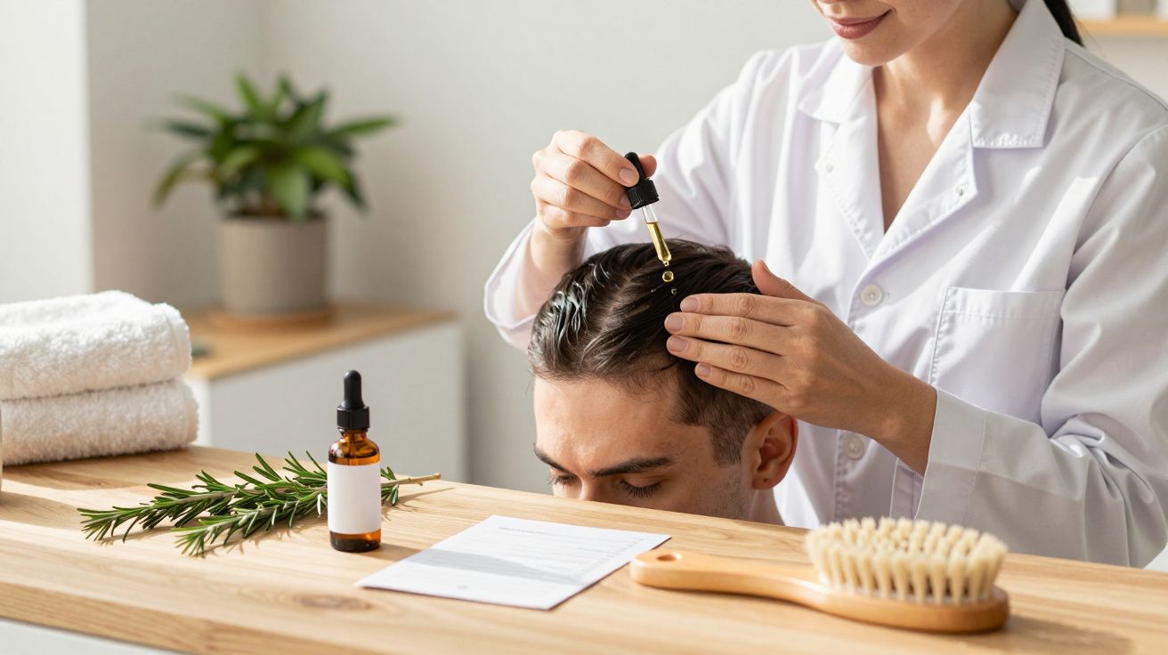 Cabeleireira aplica óleo essencial no cabelo de um homem sentado, com toalhas e escova na mesa ao lado.