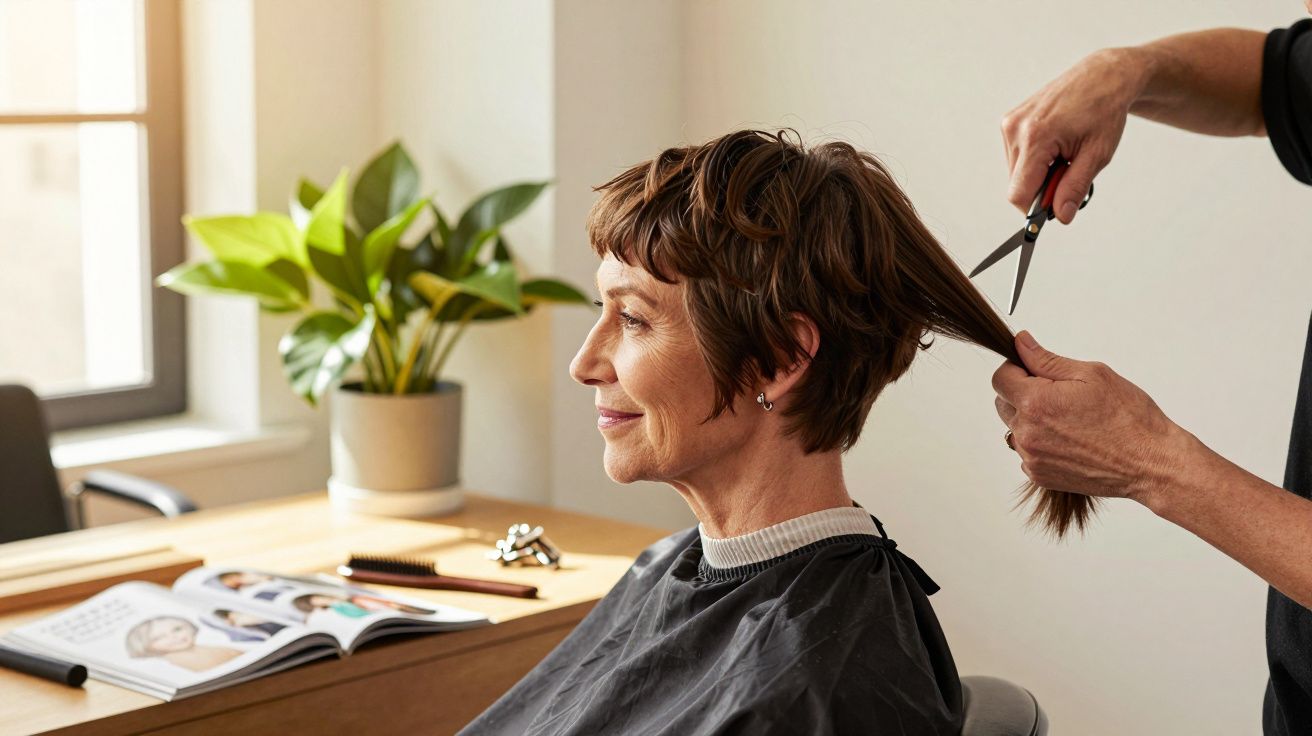 Mulher a sorrir enquanto cabeleireiro corta o seu cabelo curto num salão iluminado.