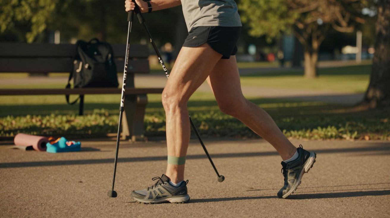 Pessoa a caminhar com bastões de caminhada num parque, usando ténis e roupa desportiva.
