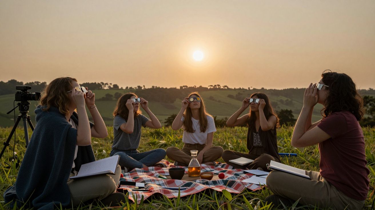 Grupo de pessoas sentadas num piquenique, usando óculos escuros, a observar o pôr do sol num campo verde.
