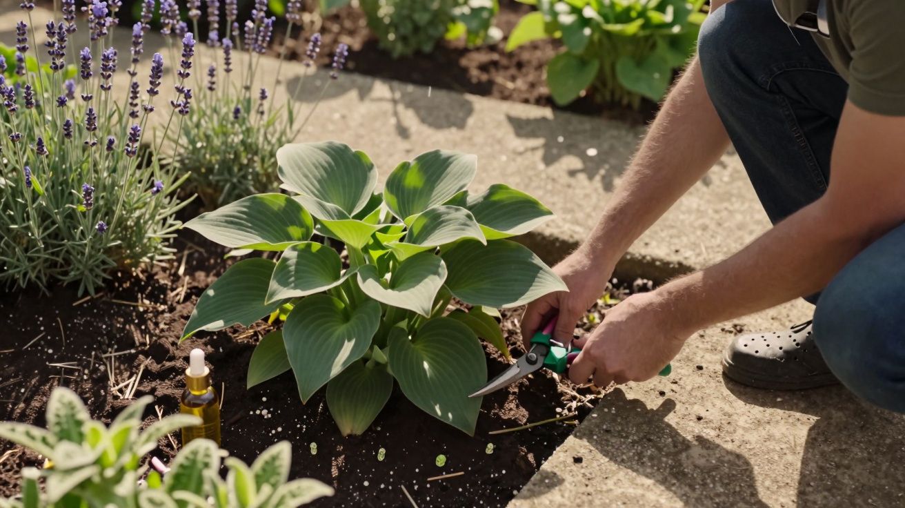 Pessoa a podar uma planta em canteiro, com lavanda ao lado e utensílios de jardinagem no chão.