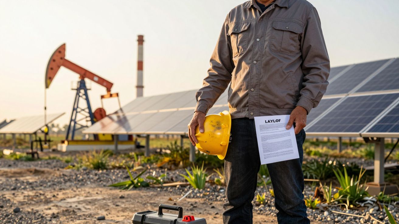 Homem com capacete e papel de demissão em parque solar, bomba de petróleo ao fundo.
