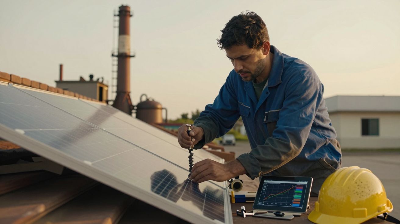 Técnico instala painéis solares em telhado com ferramentas e tablet. Capacete amarelo ao lado. Fábrica ao fundo.