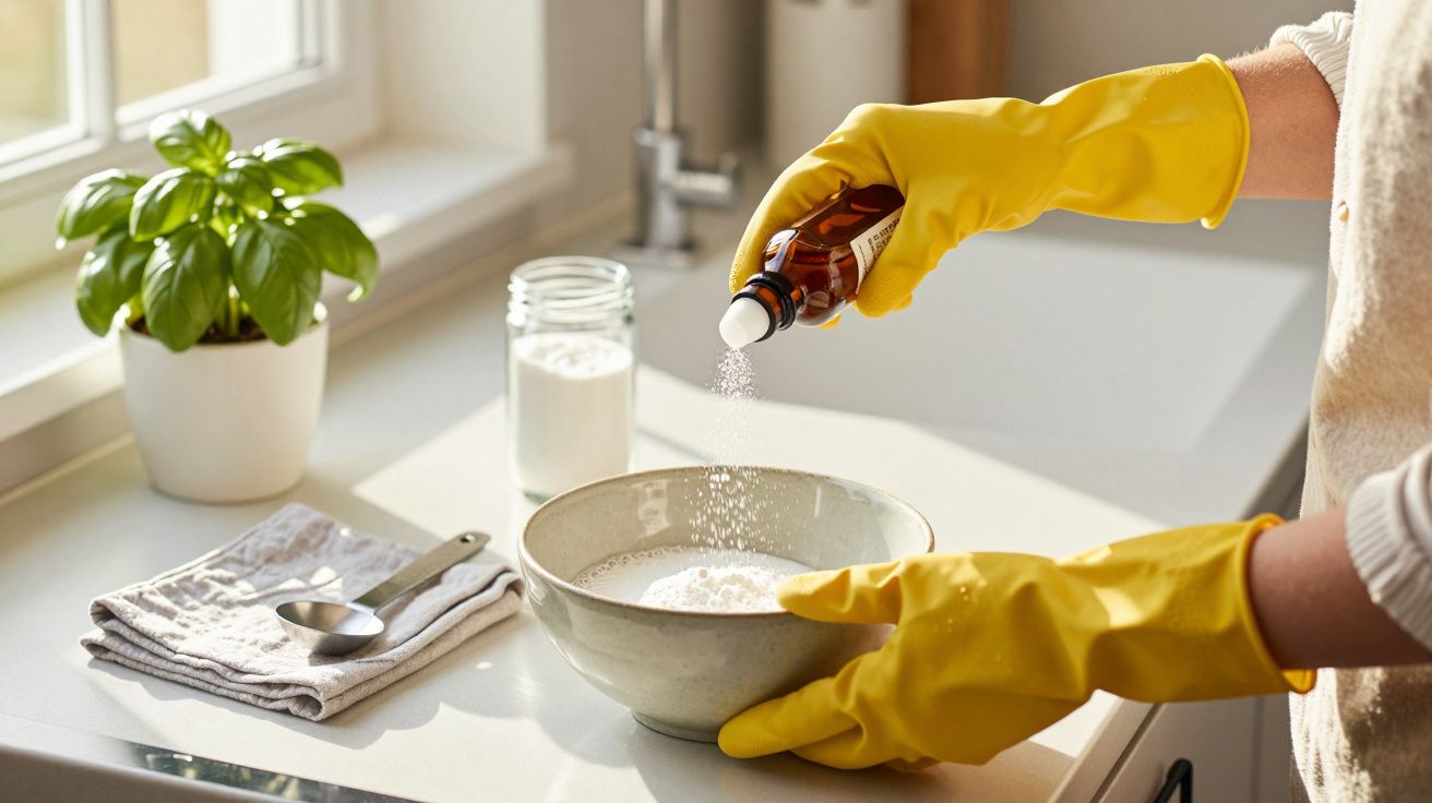 Pessoa com luvas amarelas mistura bicarbonato numa tigela na bancada da cozinha com vaso de manjericão ao lado.