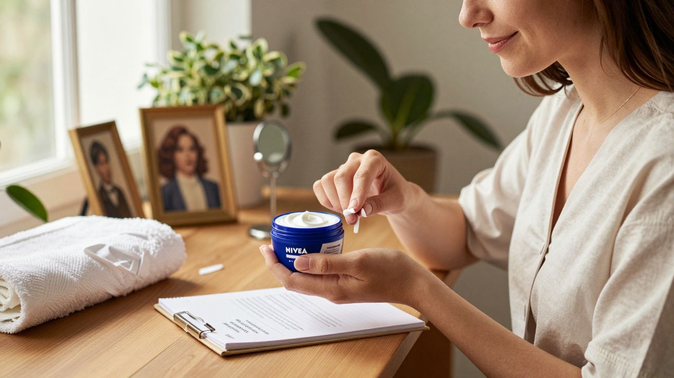 Mulher aplica creme Nivea no dedo ao lado de uma janela, com fotos, plantas e toalha na mesa de madeira.