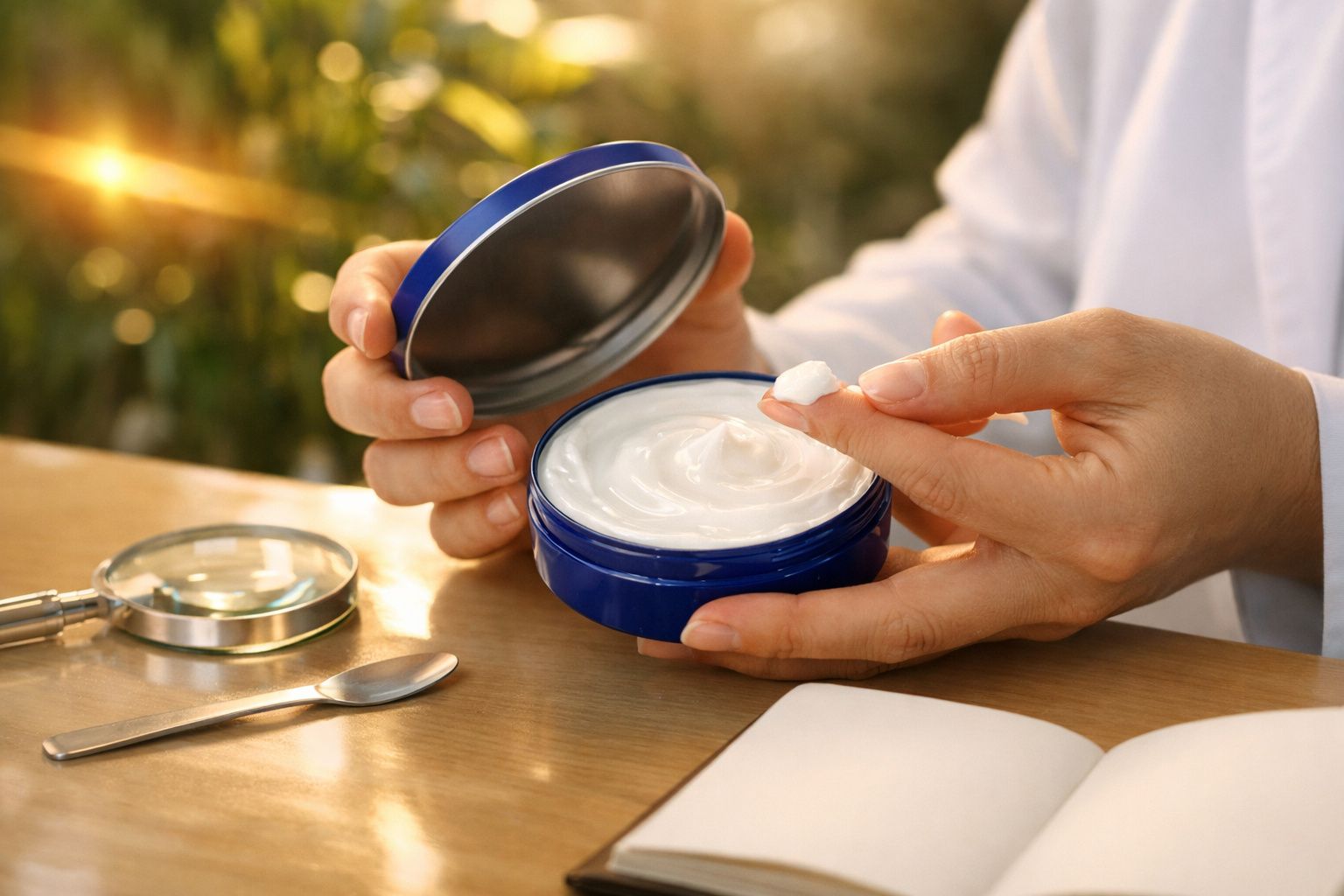 Mãos abrem uma lata de creme Nivea, com utensílios de laboratório ao fundo sobre a mesa.