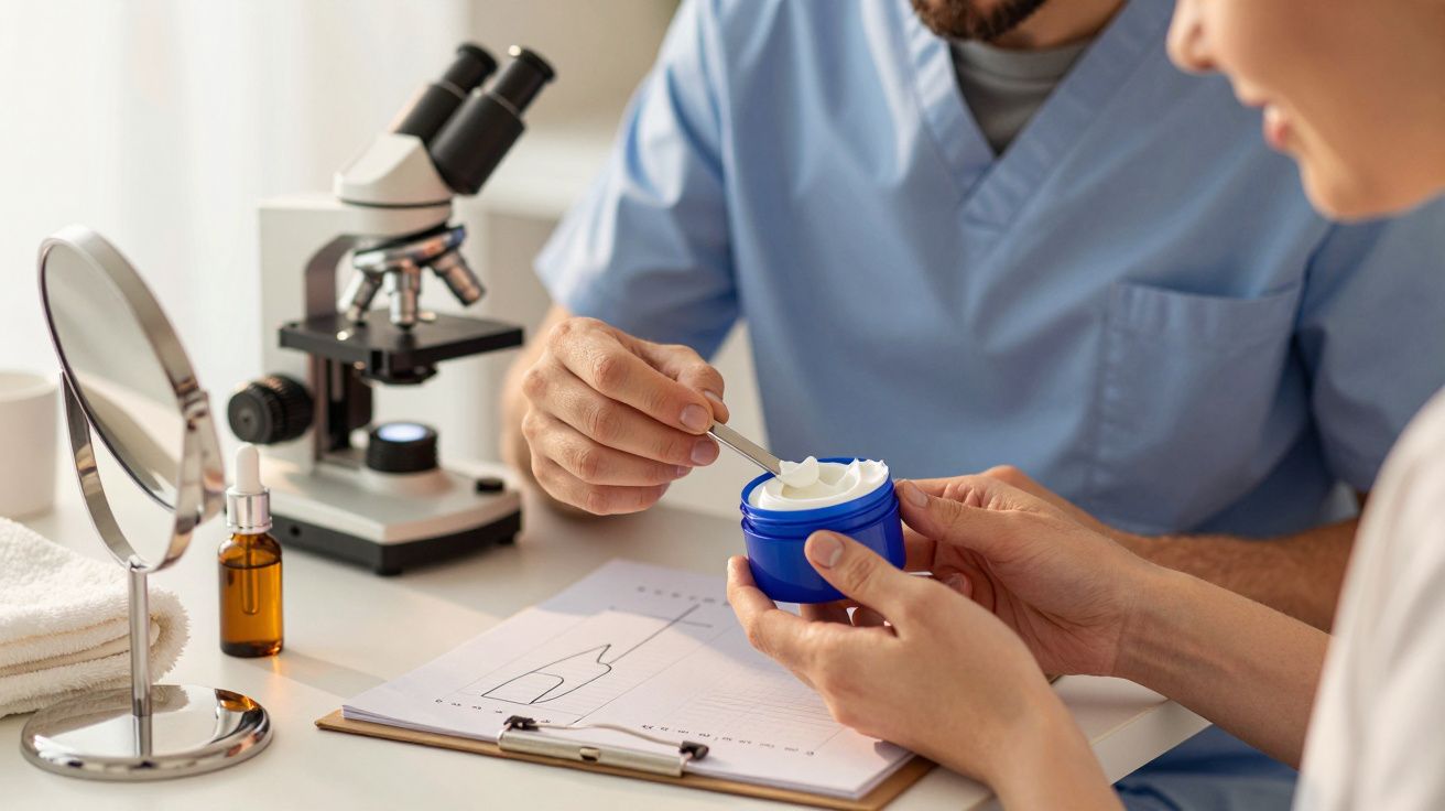 Pesquisador segurando frasco de creme ao lado de um microscópio, com gráfico e produtos de beleza na mesa.