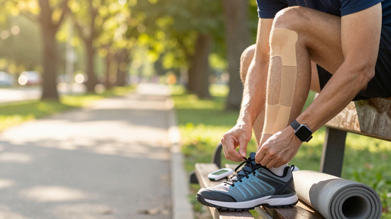 Homem em banco de parque amarra sapatos desportivos com tala na perna; tapete de ioga ao lado.