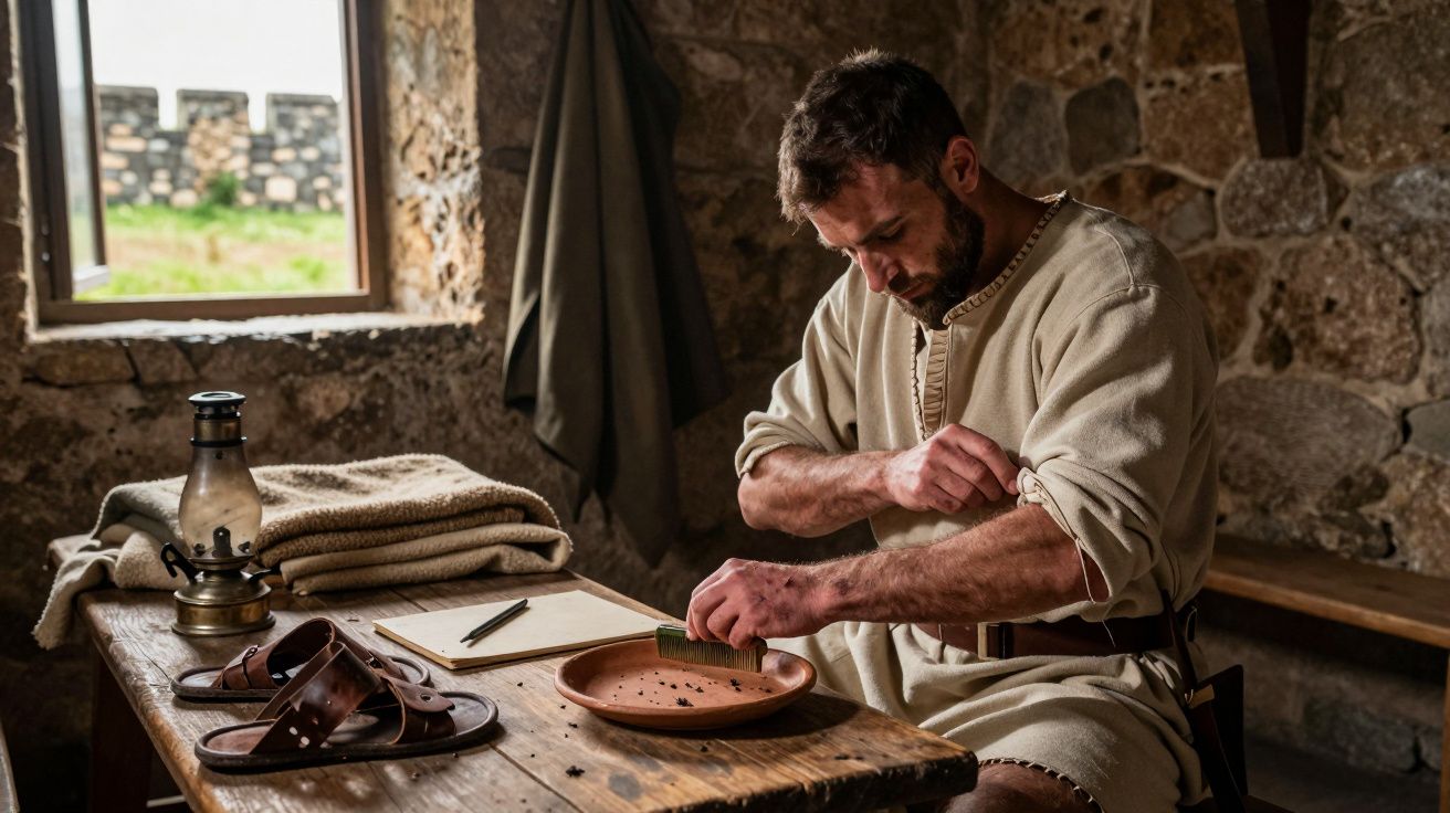 Homem medieval preparando ervas em mesa de madeira rústica, com pergaminho e lamparina, num ambiente de pedra iluminado por j
