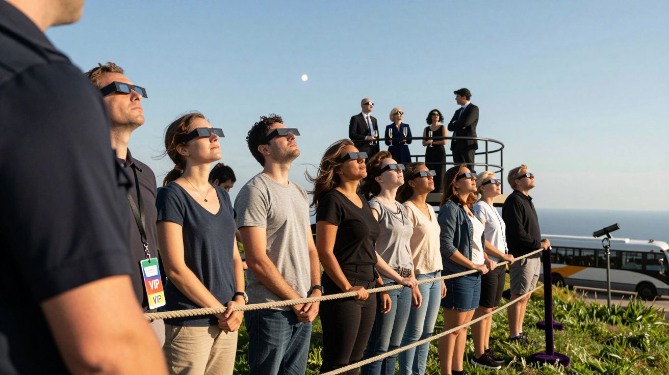 Pessoas com óculos especiais observam o céu, enquanto um grupo discursa ao fundo. Paisagem de praia e autocarro visíveis.