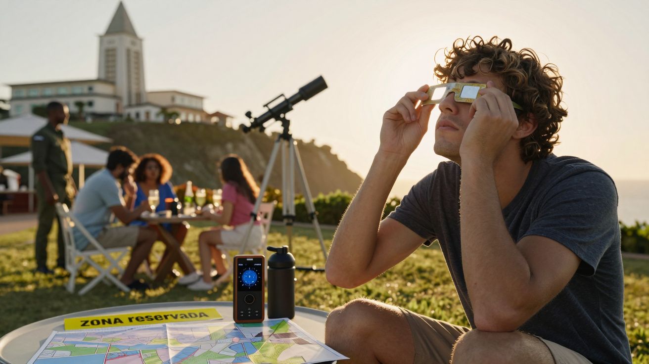 Homem observa eclipse solar com óculos especiais; telescópio e pessoas ao fundo num parque, com mapa na mesa.