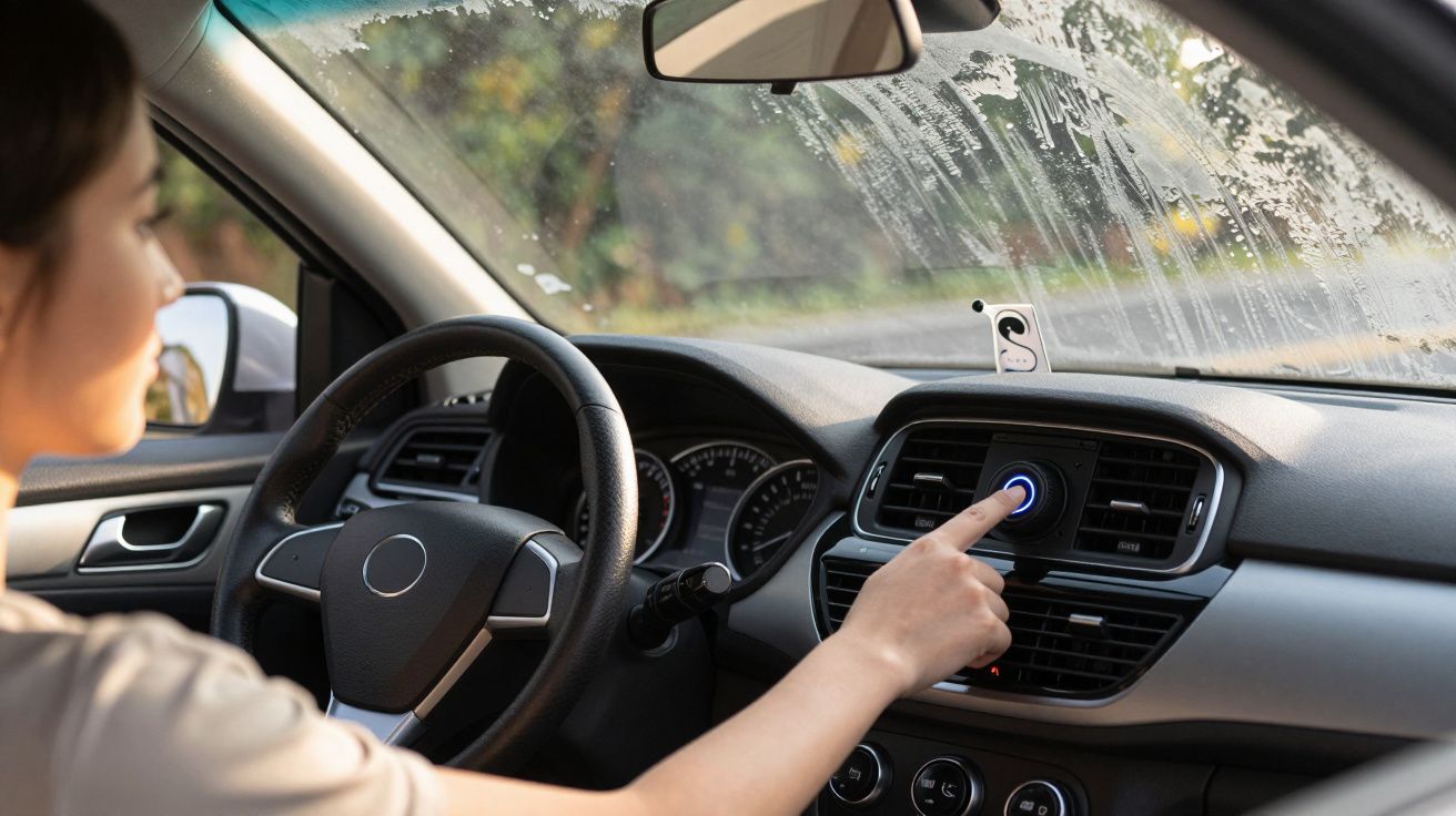 Mulher no carro ajusta o sistema de ventilação. Vidro da frente parcialmente embaciado. Cena de condução diurna.