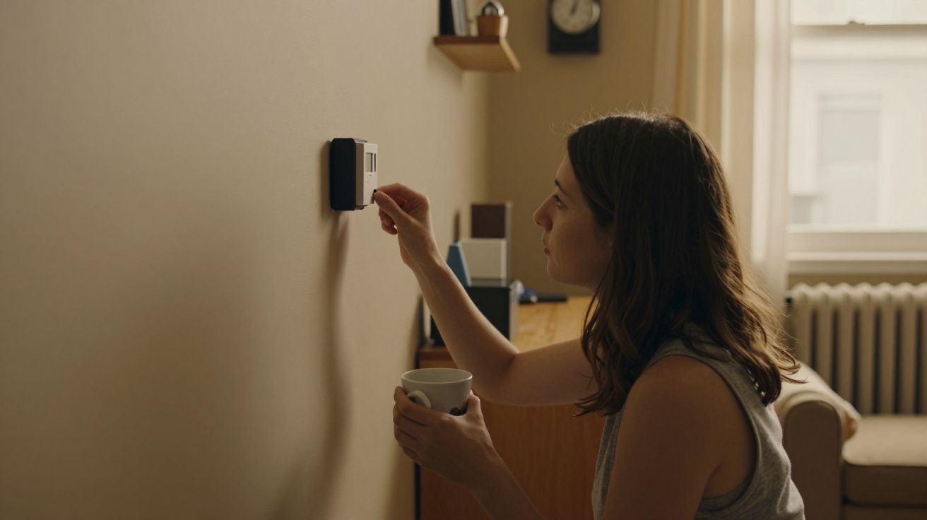 Mulher ajusta termóstato na parede enquanto segura uma caneca, num ambiente de sala de estar bem iluminado.