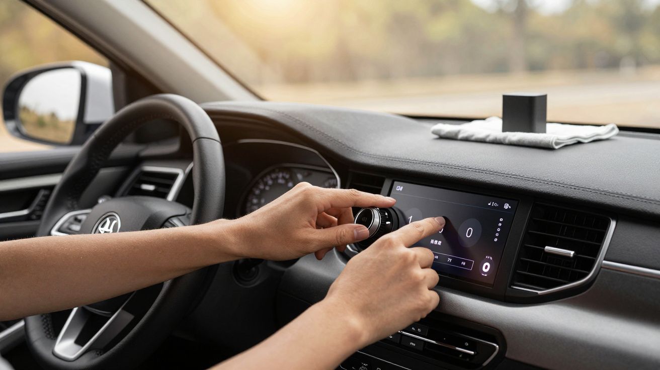 Pessoa a ajustar o rádio do carro, mexendo no botão do painel de controlo central durante a condução.